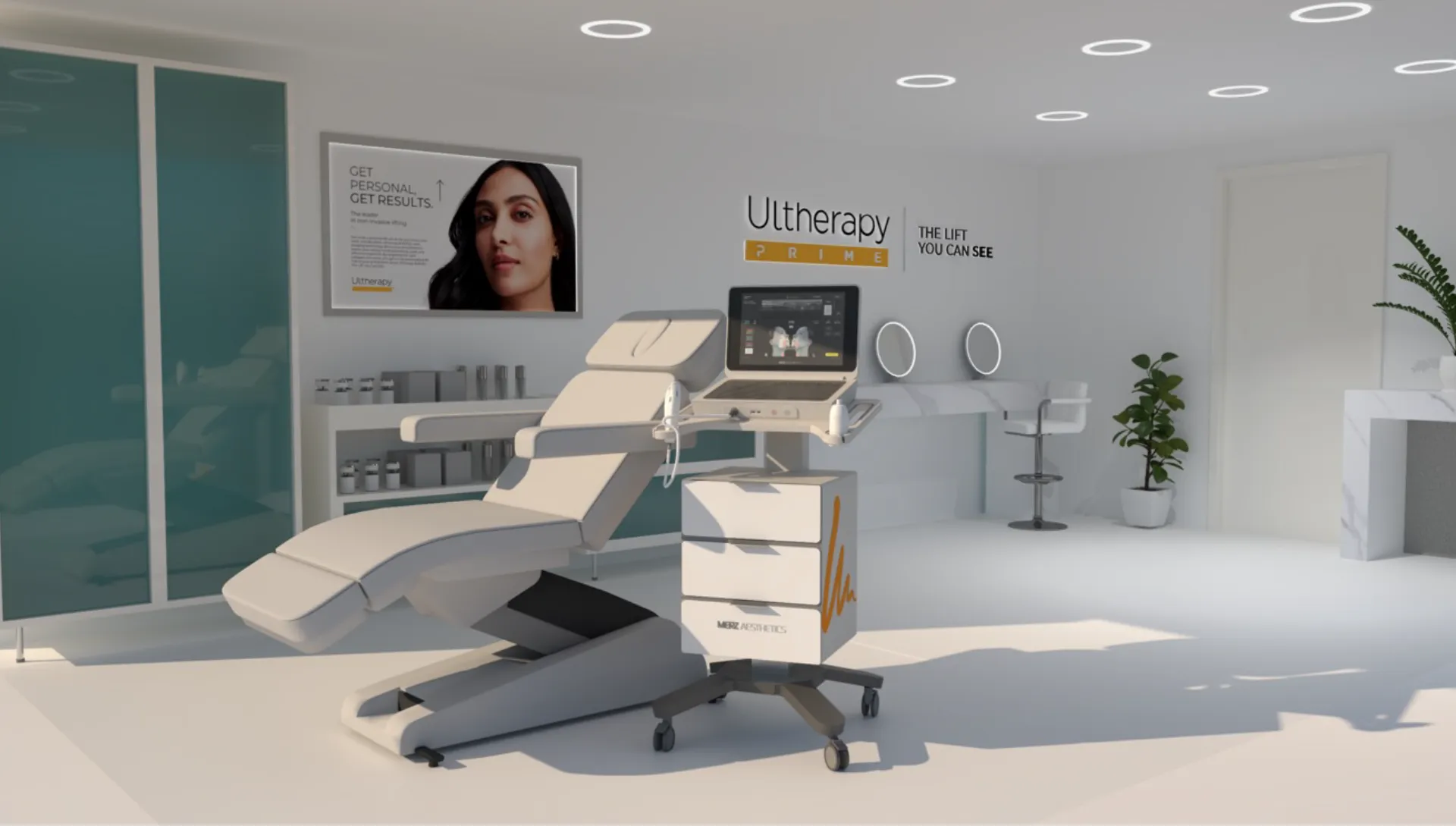 Ultherapy treatment room featuring the Ultherapy PRIME device for non-invasive skin lifting and tightening.