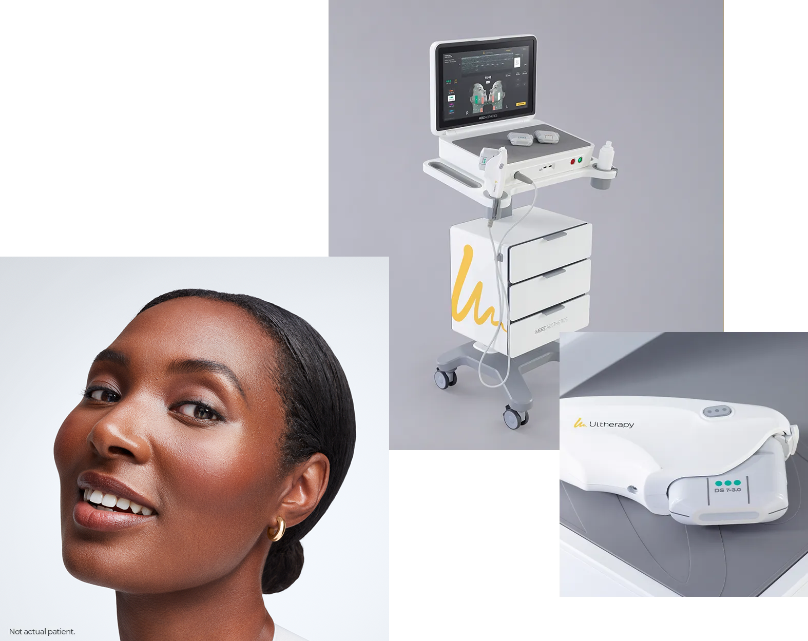 Collage featuring a woman (not an actual patient), the Ultherapy PRIME device, and its handpiece.