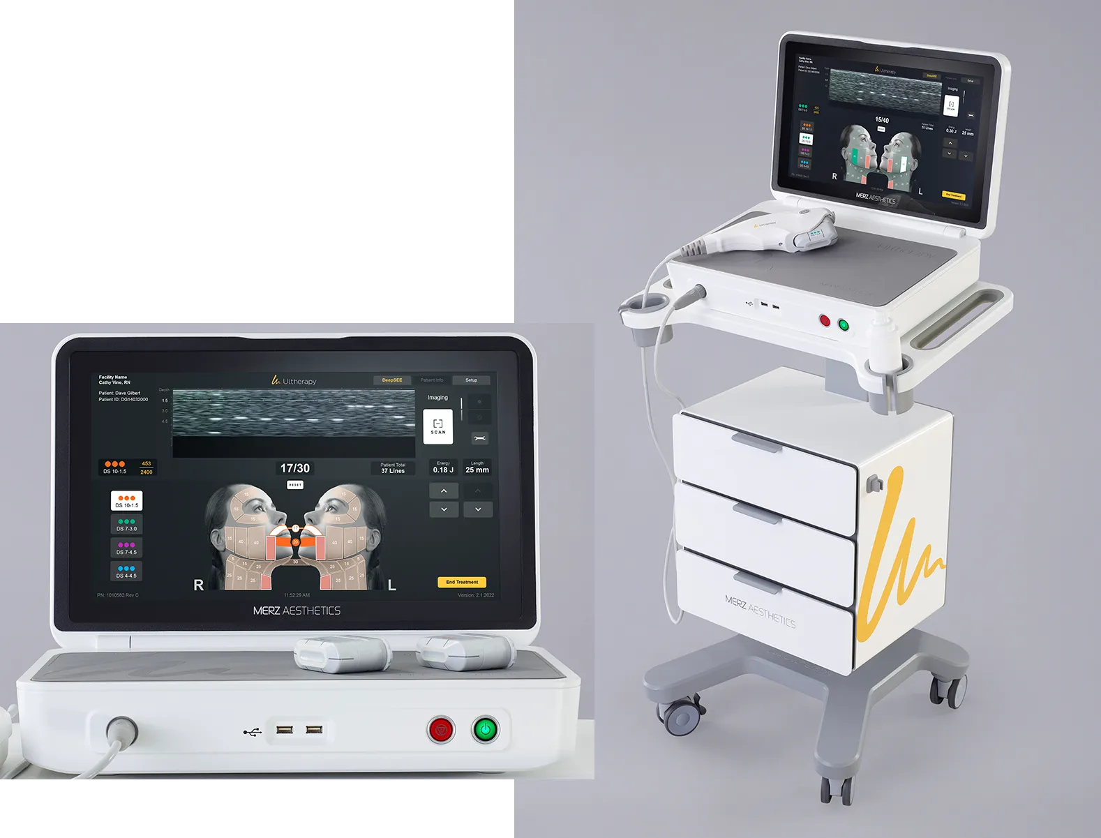 Ultherapy PRIME® control unit with full system and close-up of its advanced visualization screen.