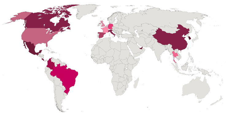 A global map with select countries in North America, South America, Europe and Asia highlighted in red.